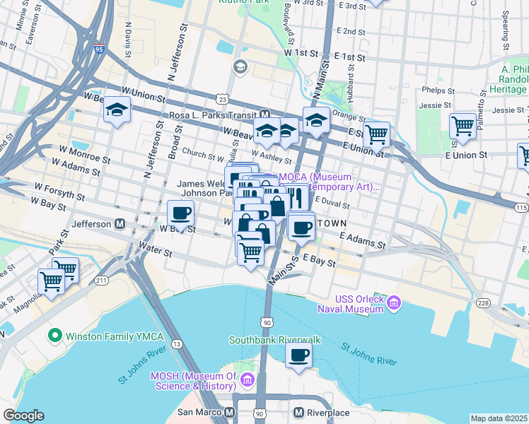 map of restaurants, bars, coffee shops, grocery stores, and more near 225 North Laura Street in Jacksonville