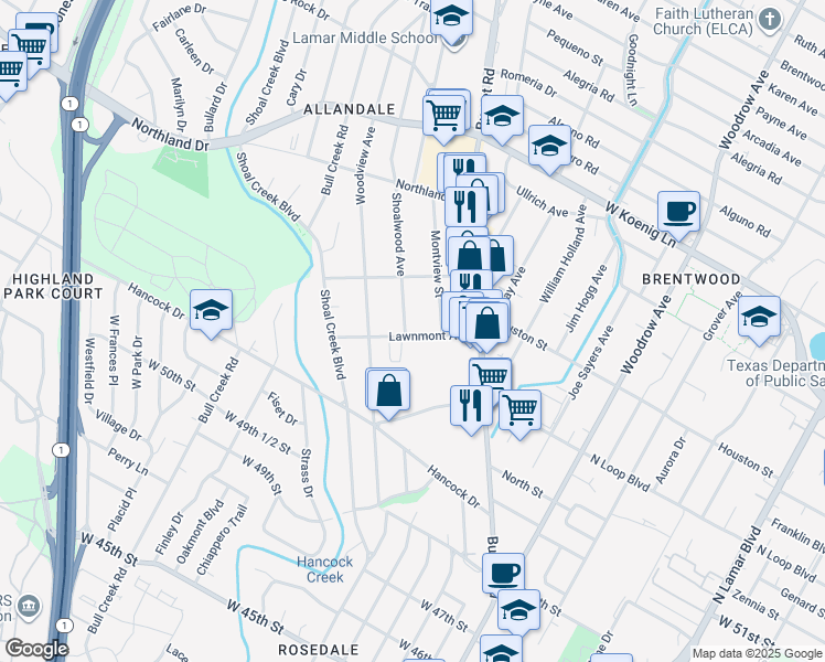 map of restaurants, bars, coffee shops, grocery stores, and more near 5401 Shoalwood Avenue in Austin