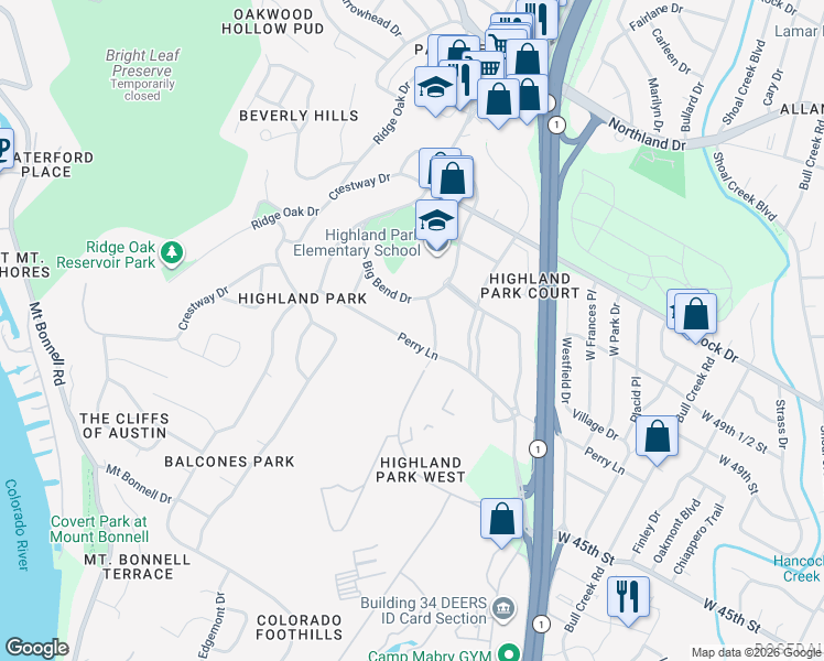 map of restaurants, bars, coffee shops, grocery stores, and more near 3304 Perry Lane in Austin