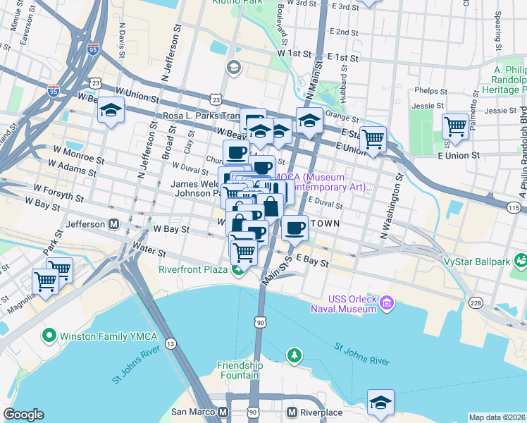 map of restaurants, bars, coffee shops, grocery stores, and more near 33 West Adams Street in Jacksonville