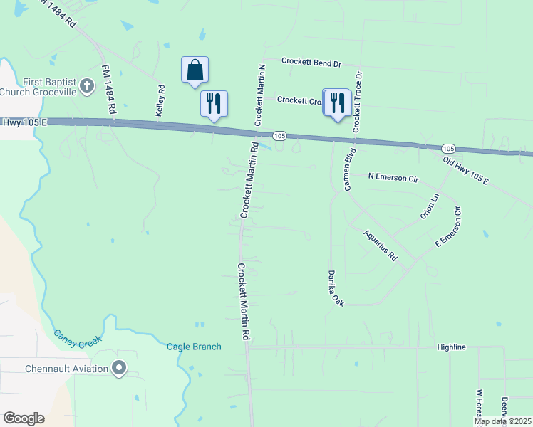 map of restaurants, bars, coffee shops, grocery stores, and more near 2373 Crockett Martin Road in Conroe