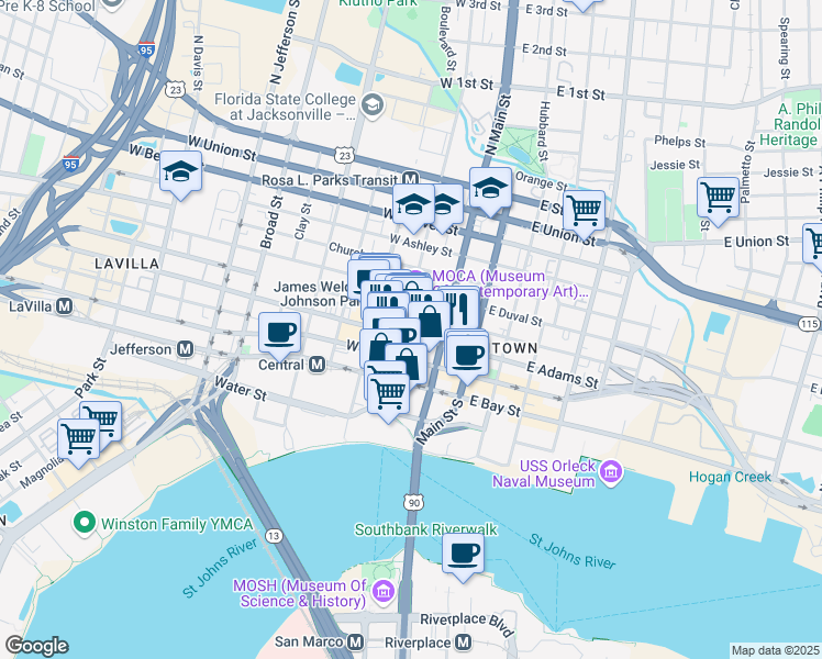 map of restaurants, bars, coffee shops, grocery stores, and more near 201 North Laura Street in Jacksonville