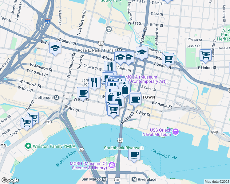 map of restaurants, bars, coffee shops, grocery stores, and more near 113 West Adams Street in Jacksonville