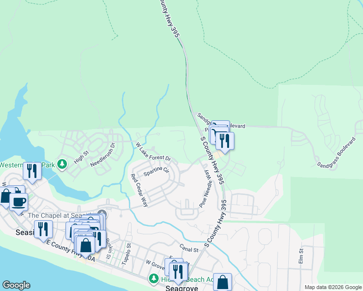 map of restaurants, bars, coffee shops, grocery stores, and more near 80 Thicket Circle in Santa Rosa Beach