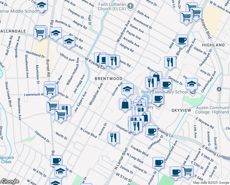 map of restaurants, bars, coffee shops, grocery stores, and more near 5612 Grover Avenue in Austin