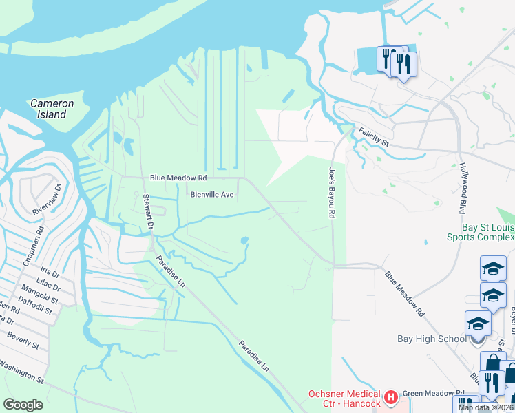map of restaurants, bars, coffee shops, grocery stores, and more near 1475 Blue Meadow Road in Bay St. Louis