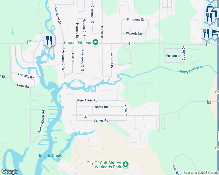 map of restaurants, bars, coffee shops, grocery stores, and more near 19045 Stout Lane in Gulf Shores