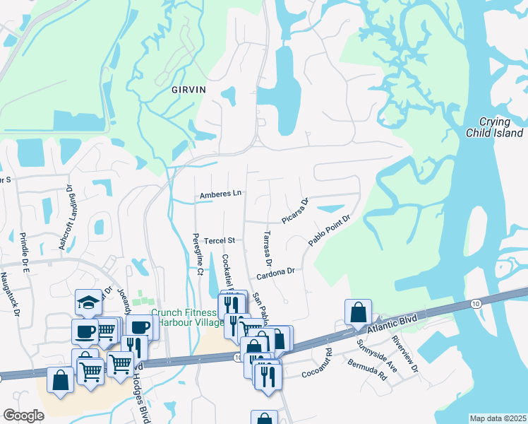 map of restaurants, bars, coffee shops, grocery stores, and more near 13534 Pachuco Court in Jacksonville