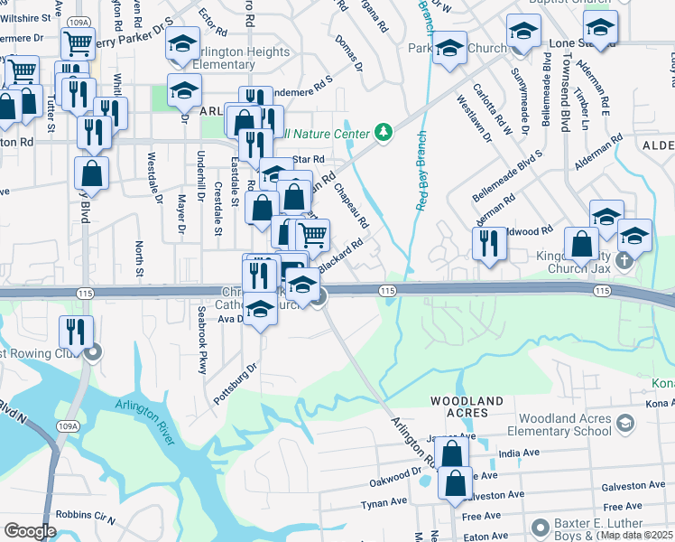 map of restaurants, bars, coffee shops, grocery stores, and more near 840 Bert Road in Jacksonville
