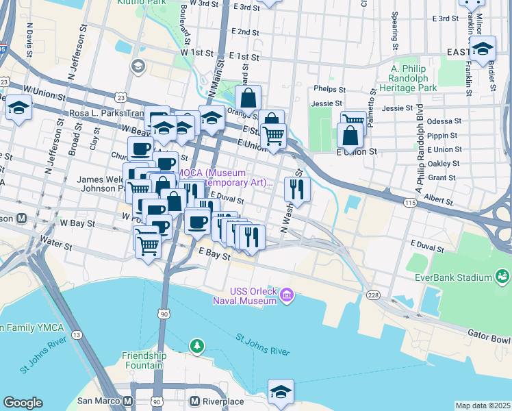 map of restaurants, bars, coffee shops, grocery stores, and more near 339 East Duval Street in Jacksonville