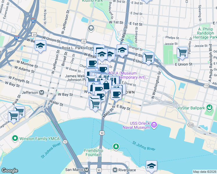 map of restaurants, bars, coffee shops, grocery stores, and more near 325 North Main Street in Jacksonville