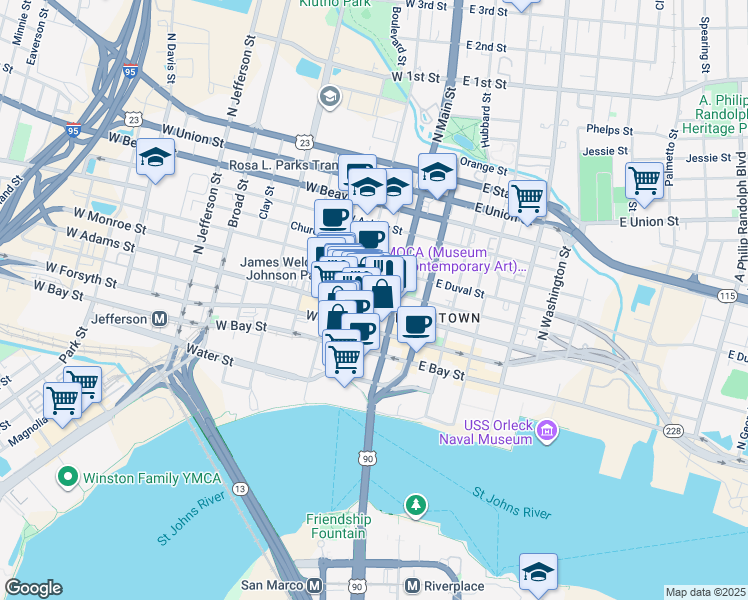 map of restaurants, bars, coffee shops, grocery stores, and more near 225 North Laura Street in Jacksonville