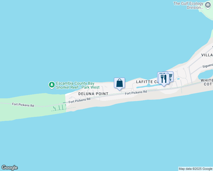 map of restaurants, bars, coffee shops, grocery stores, and more near 1200 Fort Pickens Road in Gulf Breeze