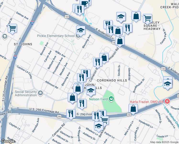 map of restaurants, bars, coffee shops, grocery stores, and more near 1302 Fairbanks Drive in Austin