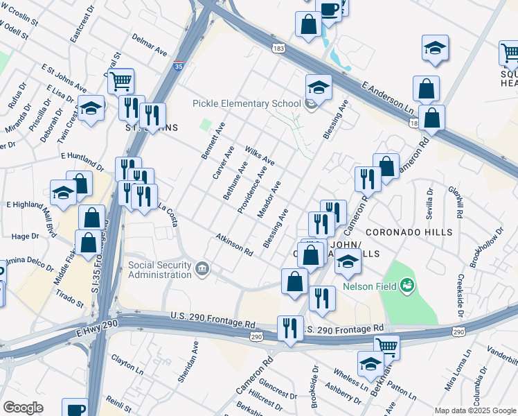 map of restaurants, bars, coffee shops, grocery stores, and more near 7103 Meador Avenue in Austin