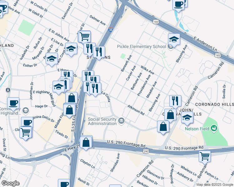 map of restaurants, bars, coffee shops, grocery stores, and more near 6910 Carver Avenue in Austin