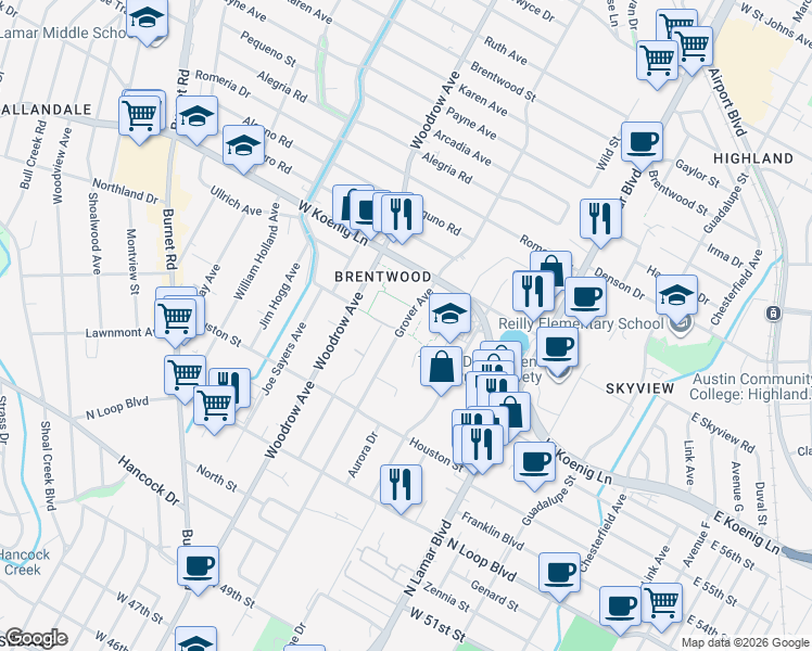 map of restaurants, bars, coffee shops, grocery stores, and more near 5612 Grover Avenue in Austin