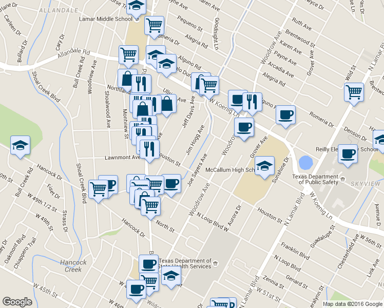 map of restaurants, bars, coffee shops, grocery stores, and more near 5601 Jim Hogg Avenue in Austin