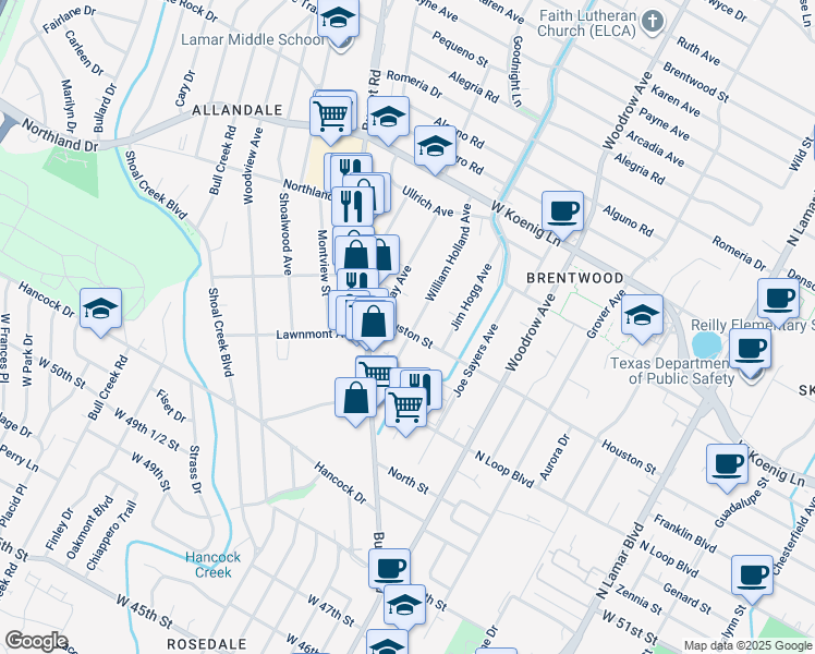 map of restaurants, bars, coffee shops, grocery stores, and more near 1704 Houston Street in Austin