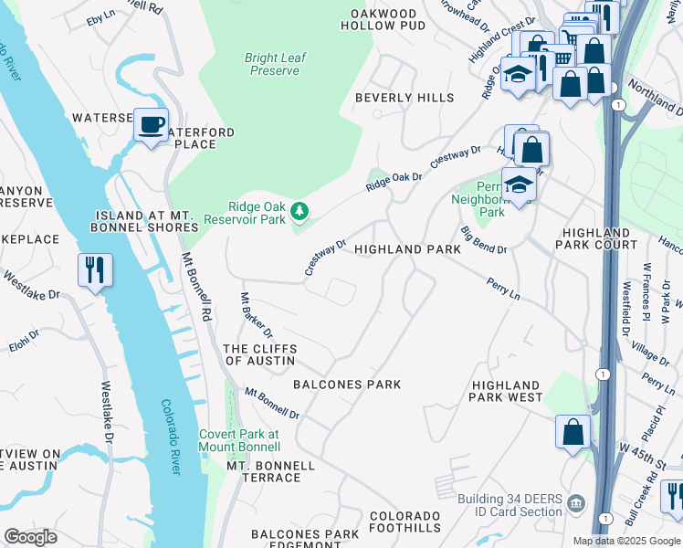 map of restaurants, bars, coffee shops, grocery stores, and more near 4510 Spanish Oak Trail in Austin