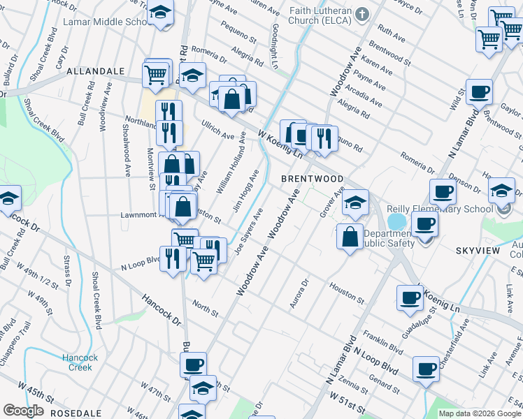 map of restaurants, bars, coffee shops, grocery stores, and more near 5604 Woodrow Avenue in Austin