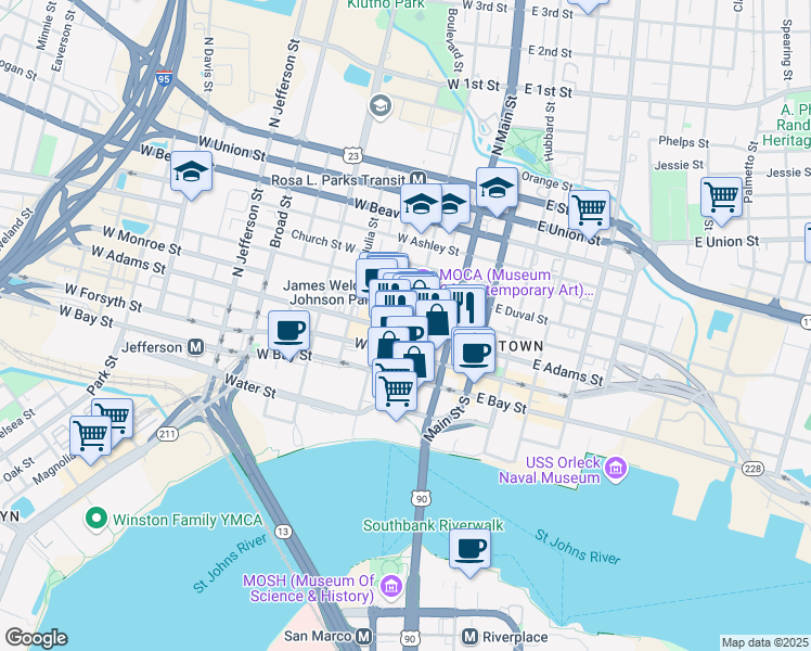 map of restaurants, bars, coffee shops, grocery stores, and more near 225 North Laura Street in Jacksonville