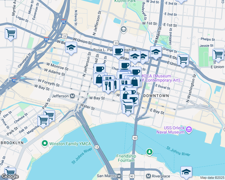 map of restaurants, bars, coffee shops, grocery stores, and more near 300 West Adams Street in Jacksonville