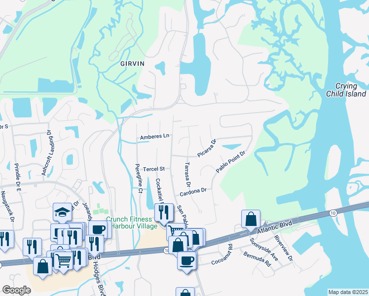 map of restaurants, bars, coffee shops, grocery stores, and more near 13534 Pachuco Court in Jacksonville