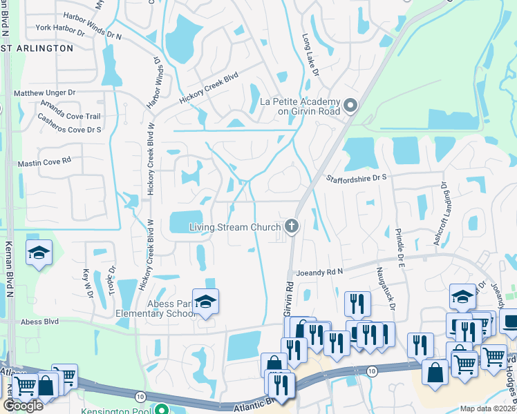 map of restaurants, bars, coffee shops, grocery stores, and more near 12666 Ivylena Road in Jacksonville
