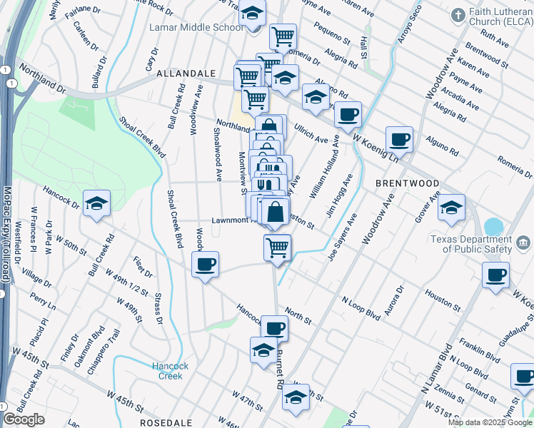 map of restaurants, bars, coffee shops, grocery stores, and more near 5400 Burnet Road in Austin