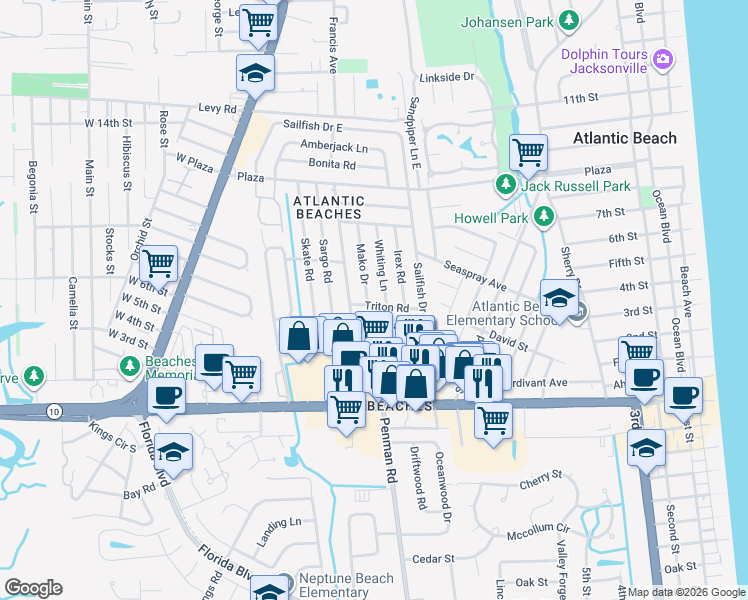 map of restaurants, bars, coffee shops, grocery stores, and more near 403 Mako Drive in Atlantic Beach