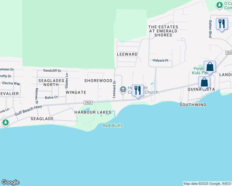 map of restaurants, bars, coffee shops, grocery stores, and more near 5086 Leeward Drive in Pensacola