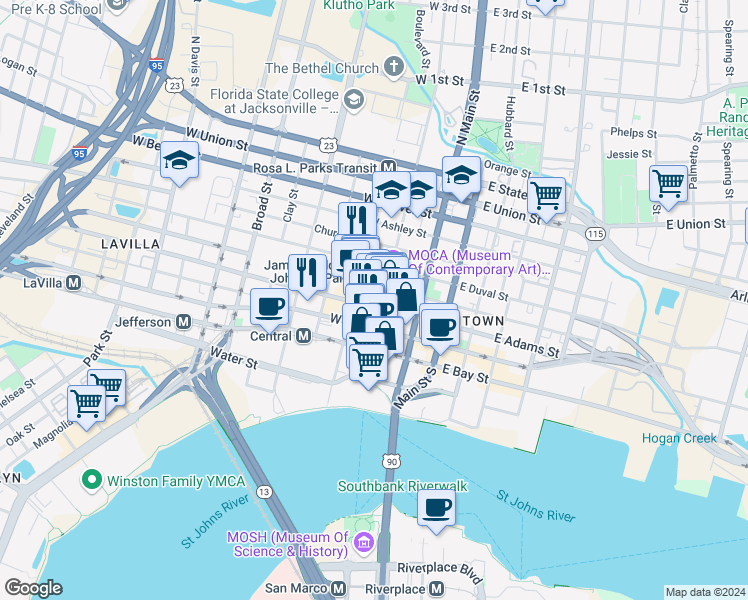 map of restaurants, bars, coffee shops, grocery stores, and more near 137 West Adams Street in Jacksonville