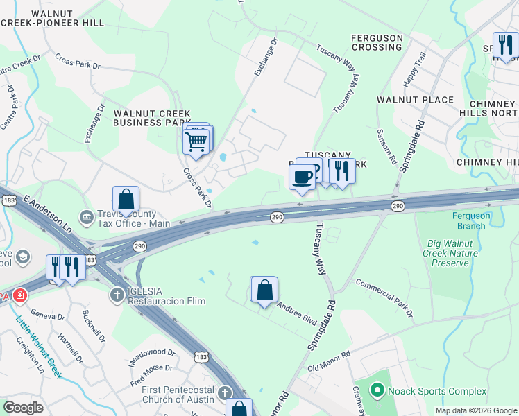 map of restaurants, bars, coffee shops, grocery stores, and more near 8304 U.S. 290 Frontage Road in Austin