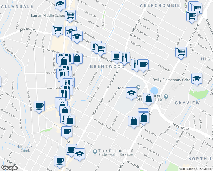 map of restaurants, bars, coffee shops, grocery stores, and more near 5604 Woodrow Avenue in Austin