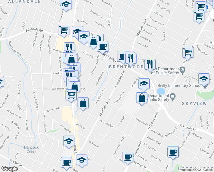 map of restaurants, bars, coffee shops, grocery stores, and more near 5604 Woodrow Avenue in Austin