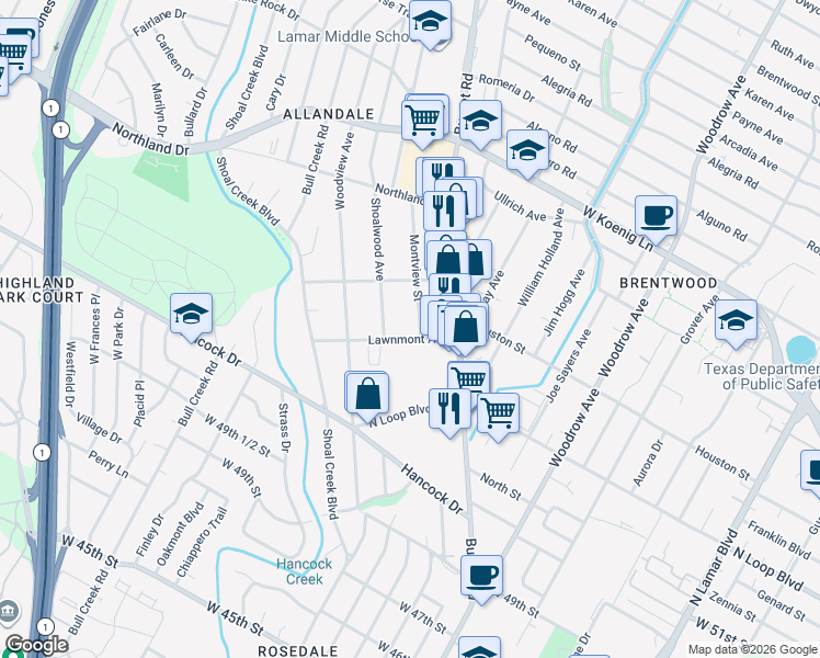 map of restaurants, bars, coffee shops, grocery stores, and more near 5402 Montview Street in Austin