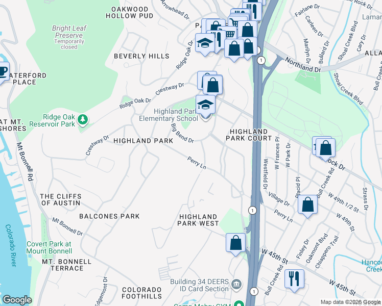 map of restaurants, bars, coffee shops, grocery stores, and more near 3304 Perry Lane in Austin