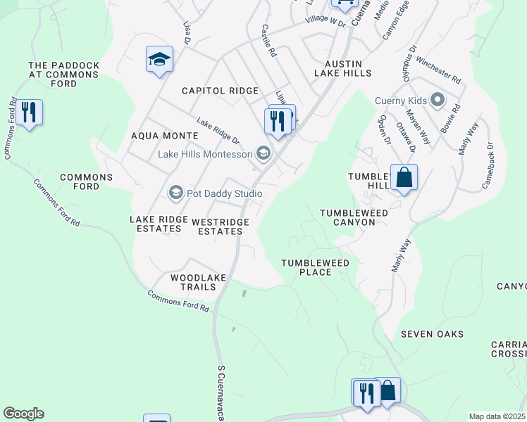 map of restaurants, bars, coffee shops, grocery stores, and more near 307 Cuernavaca Drive North in Austin