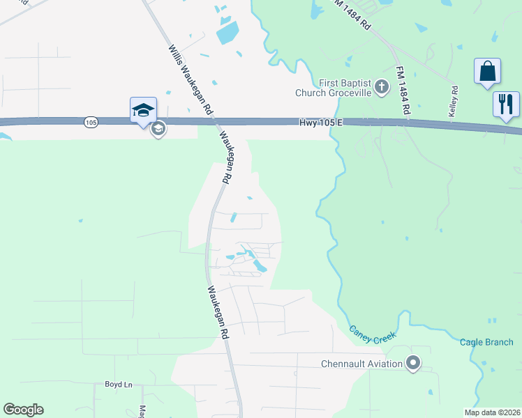 map of restaurants, bars, coffee shops, grocery stores, and more near 1111 Waukegan Road in Conroe