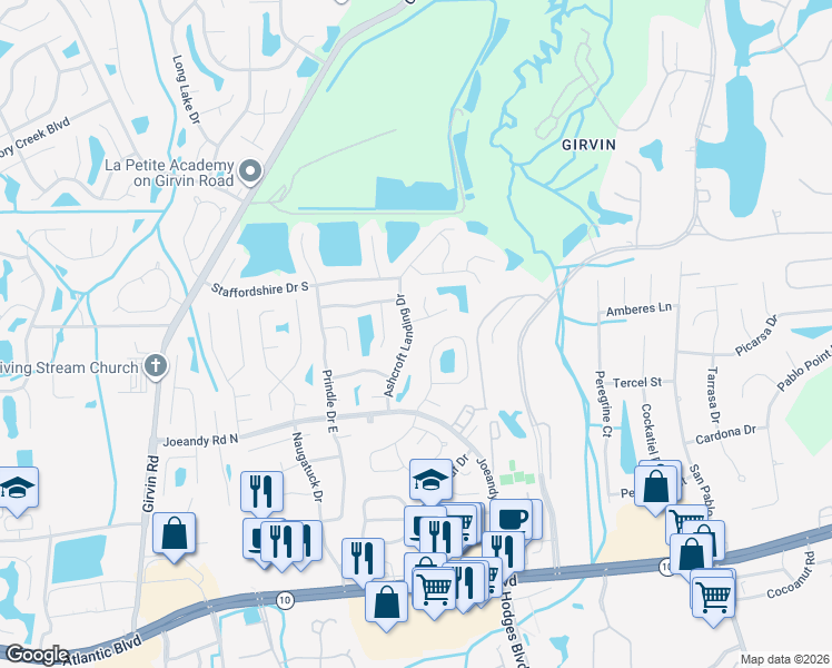 map of restaurants, bars, coffee shops, grocery stores, and more near 447 Ashcroft Landing Drive in Jacksonville