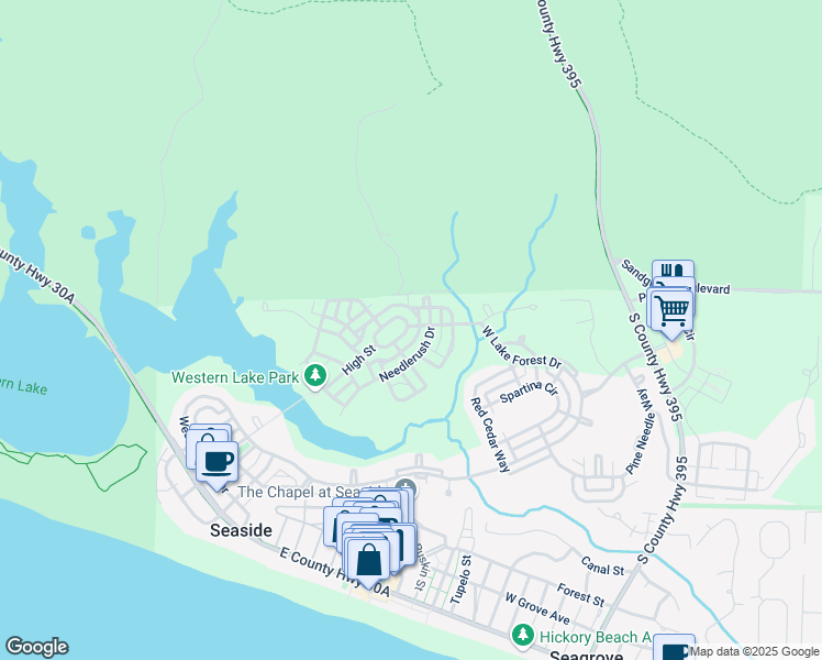map of restaurants, bars, coffee shops, grocery stores, and more near 7 Sand Hill Circle in Santa Rosa Beach