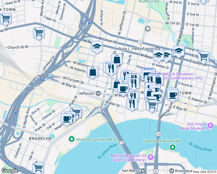 map of restaurants, bars, coffee shops, grocery stores, and more near 627 West Forsyth Street in Jacksonville