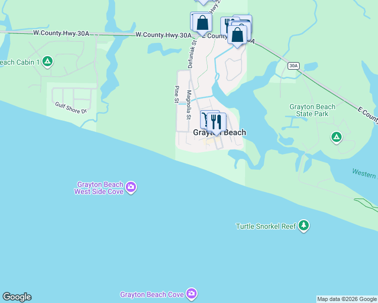 map of restaurants, bars, coffee shops, grocery stores, and more near 60 Auburn Drive in Santa Rosa Beach