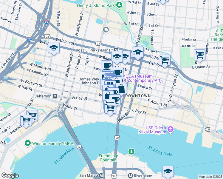 map of restaurants, bars, coffee shops, grocery stores, and more near 113 West Adams Street in Jacksonville