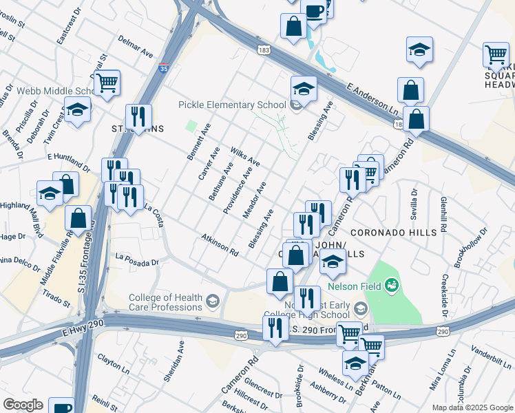 map of restaurants, bars, coffee shops, grocery stores, and more near 7103 Meador Ave in Austin