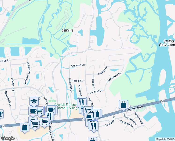 map of restaurants, bars, coffee shops, grocery stores, and more near 13534 Pachuco Court in Jacksonville