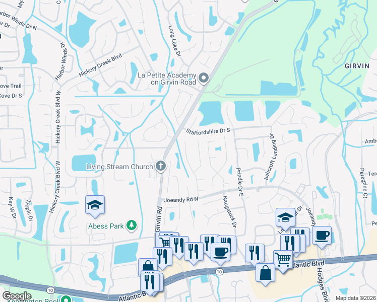 map of restaurants, bars, coffee shops, grocery stores, and more near 317 Melissa Ray Drive in Jacksonville