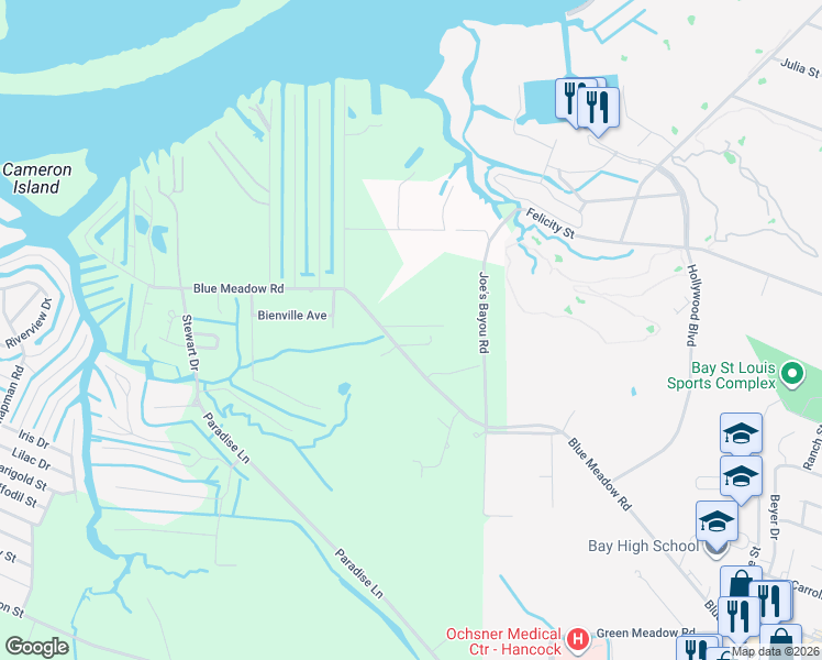 map of restaurants, bars, coffee shops, grocery stores, and more near 2043 Jay Street in Bay St. Louis