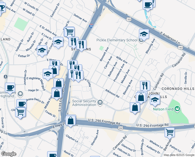 map of restaurants, bars, coffee shops, grocery stores, and more near 6910 Carver Avenue in Austin